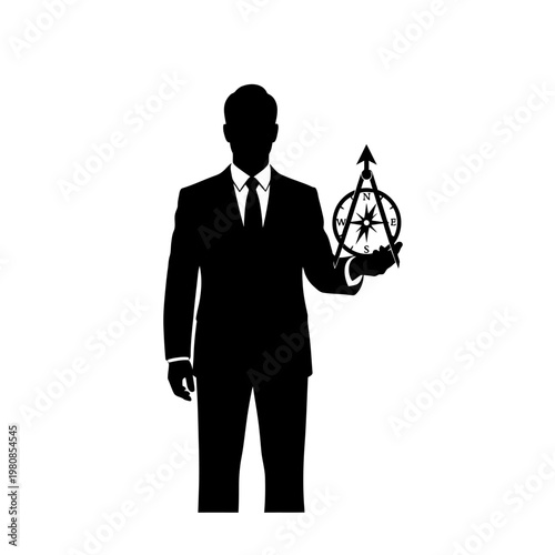 Silhouette of a Man in Suit Holding Compass.