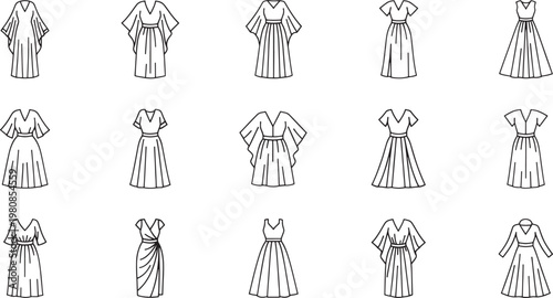 Black and white stylized of women in long dresses with detailed hair and accessories stylized women