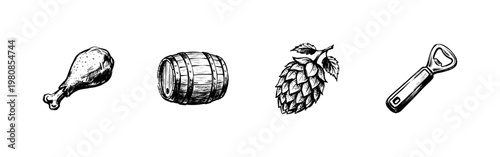 Pub and Brewery Elements with Craft Beer Glass and Snacks in Inky Hand-Drawn Doodle Style