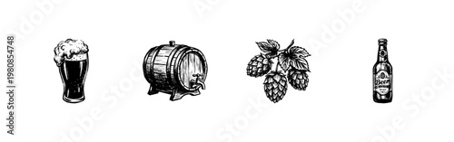 Pub and Brewery Elements with Beer Mugs, Hops, and Seafood in Hand-Drawn Engraved Ink Style