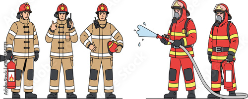 Set of Cartoon Firefighters in Different Poses with Fire Extinguishers, Helmets, and Firefighting Equipment for Use in Digital Media, Emergency Services, and Safety Illustrations