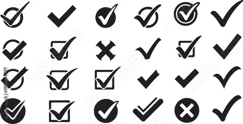 Collection of checkmark and checkbox icons in black and white