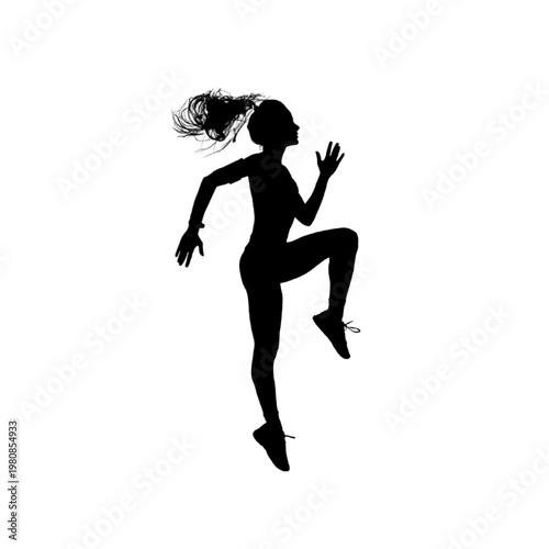 Silhouette of woman athlete jumping and stretching.