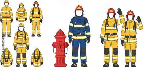 Set of Cartoon Firefighters in Yellow and Blue Firefighting Uniforms with Fire Hydrant for Use in Digital Media, Emergency Services, and Safety Illustrations