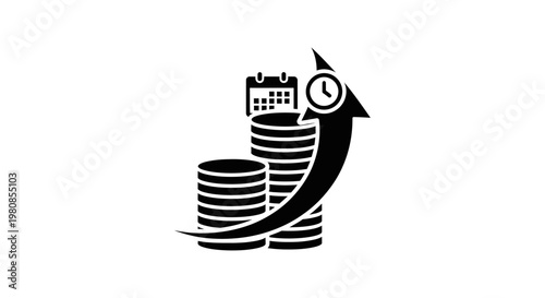Financial growth, symbolized by coin stacks, a calendar, and a clock. This image suggests the concept of saving and planning for the future.