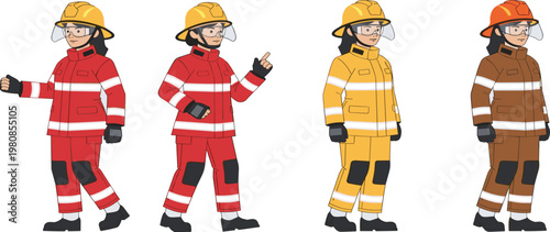 Set of Cartoon Firefighters in Different Poses with Firefighting Gear for Use in Digital Media, Emergency Services, and Safety Illustrations
