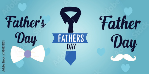 Fathers day illustration set featuring necktie and bowtie icons with mustache symbol for holiday celebration design on blue background with heart shapes for masculine card template.