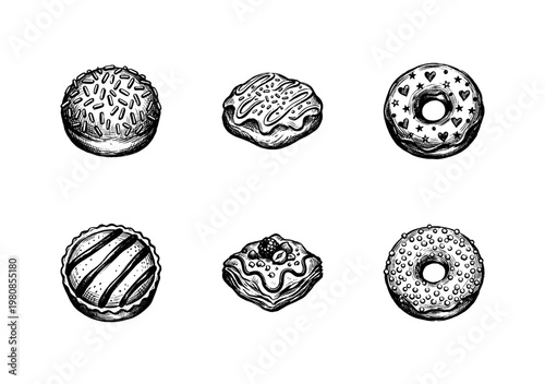 Sweet Glazed Donuts and Breakfast Pastries with Sprinkles and Icing in Hand-Drawn Inky Brushstroke Style