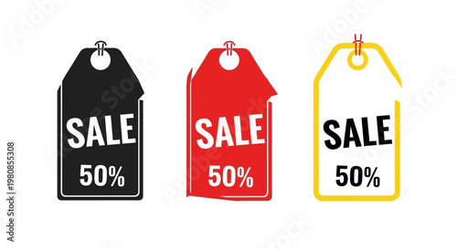 Three Sale tags with a 50% discount are displayed, each in a different color. They are hung for easy display and represent retail and promotional events