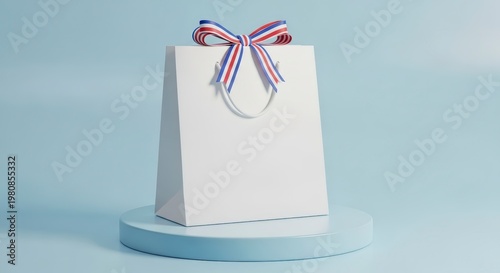 White gift bag with colorful ribbon.