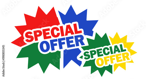 Eye-catching special offer promotion on a vibrant, colorful background to attract potential customers. The design of the special offer is meant to promote various products and sales