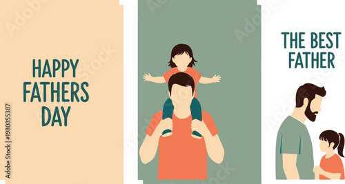 Fatherhood illustration banners with child sitting on dad shoulders and parent with daughter on green and beige backgrounds for social media stories and holiday cards celebrating family.