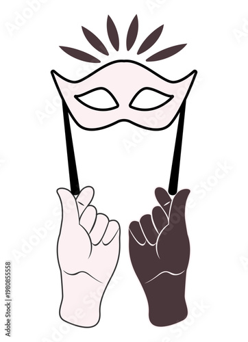 Minimalist vector illustration of two hands, black and white, holding carnival mask with a crown. Abstract creative design for psychology, identity, duality, and social roles concept isolated on whi