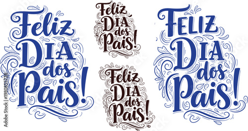 Obraz na plátně Feliz dia dos pais, a collection of intricately designed vector lettering for brazilian father's day with elegant flourishes and varied color schemes