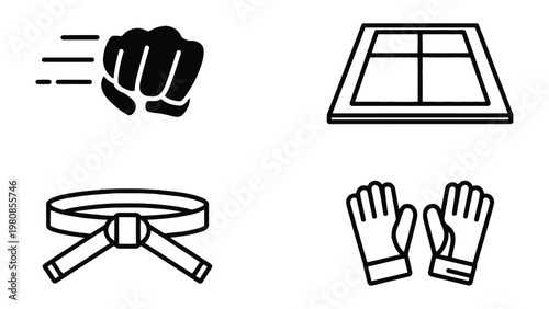 Martial Art Symbols: An array of meticulously crafted symbols, featuring a powerful fist, an emblematic mat, a master's belt, and essential gloves, each representing a core element of martial arts.