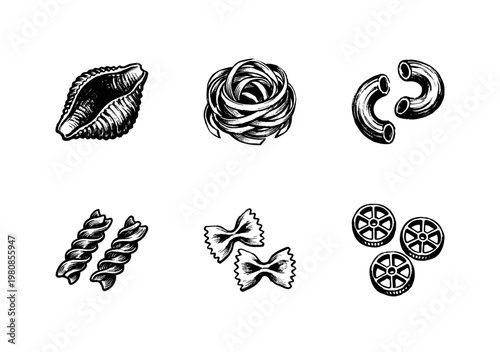 Authentic Italian Pasta Varieties and Dry Macaroni Shapes with Hand-Drawn Inky Doodle and Calligraphic Pen Doodle Aesthetic