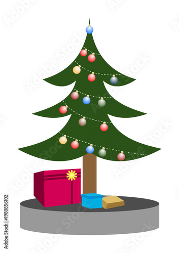 Christmas tree with colorful ornaments and gift boxes