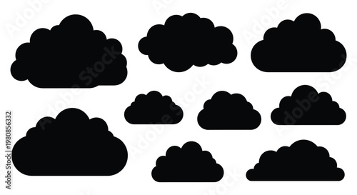 A collection of dark cloud shapes against a white background silhouette