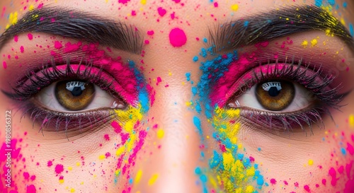 Close-up of Woman's Eyes with Vibrant Holi Powder Paint Splatter