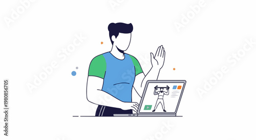 Man engaging in online fitness training session on laptop.