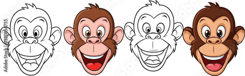 Set of Cartoon Monkey Faces with Different Styles, Including Outline and Colored Versions, Featuring Smiling and Playful Expressions for Use in Digital Media and Illustrations