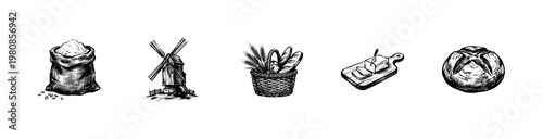 Bakery and Wheat Harvesting Elements with Hand-Drawn Inky Doodle and Textured Sketch Aesthetic