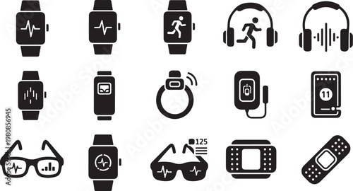 Collection of smartwatch and wearable technology icons on white