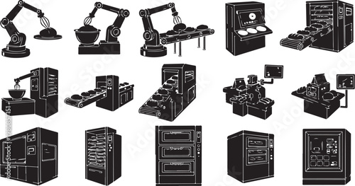 Industrial robotic machines and factory equipment illustrations set