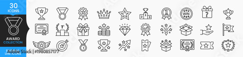 Award Icon Set Vector, Trophy Medal Badge Achievement Reward Icons, Editable Line Icons, Business Success Winner Collection