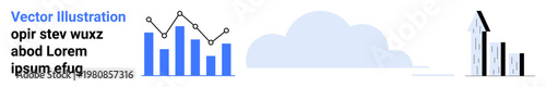 Business analysis, growth tracking, financial reporting, data visualization, forecasting, market research. Bar graph, line chart cloud icon and arrow pointing upward. Business analysis and growth