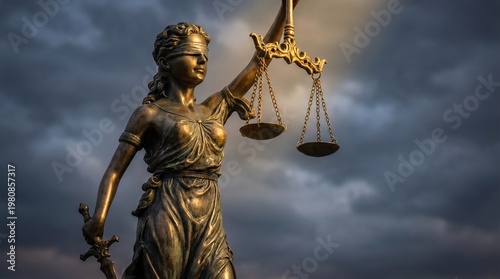 The majestic statue of Lady Justice, a powerful symbol of law, fairness, and impartial judgment against a dramatic sky