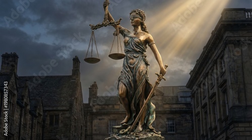 Justice statue with scales and sword, bathed in light against dark sky and old buildings, symbolizing law and equity