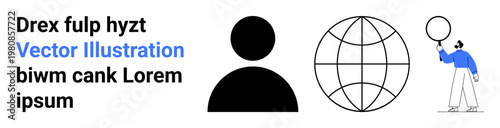 Black person icon, outlined globe, and character in blue holding balloon. Ideal for education, communication, teamwork, global outreach, creativity, strategy simple landing page