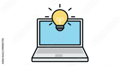 Laptop innovation and creative idea icon: portable computer with light bulb on screen, soft colors and black line vector illustration.