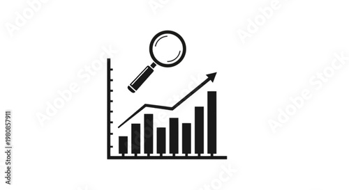 Magnifying glass examining upward trending bar chart growth isolated on transparent background, Vector