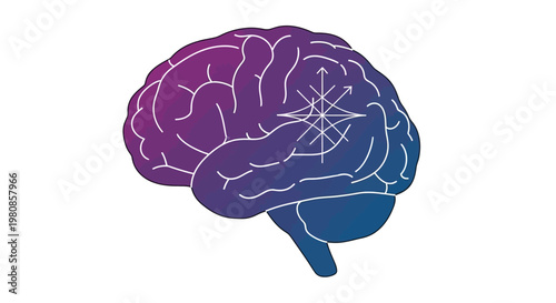 Conceptual illustration of the human brain with arrow symbol representing thought process