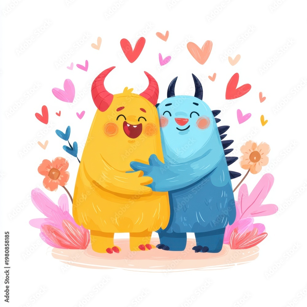 Fototapeta premium Cute cartoon monsters hugging and smiling with hearts and flowers in a loving scene