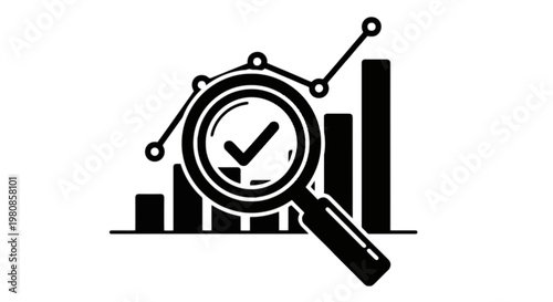 Magnifying glass inspecting a verified growth chart with upward trend isolated on transparent background, Vector