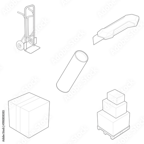 Isometric warehouse fulfillment equipment and freight packaging element set linear drawing