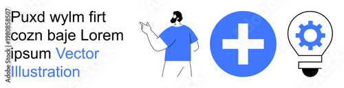 Innovation, healthcare, problem-solving, teamwork, technology, creative ideas. A man pointing beside a plus icon and a light bulb with gear symbol. Innovation and healthcare concept