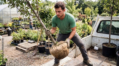 Employee helping load a tree into pickup truck in garden center  