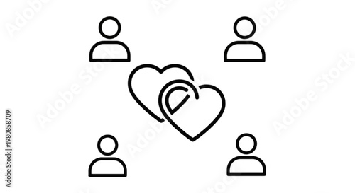Group of people surrounding a heart symbolizing love and connection isolated on transparent background, Vector