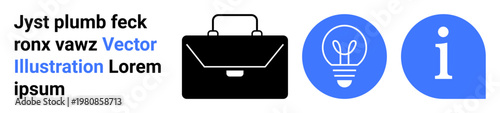 Business, creativity, information sharing, corporate, innovation, professional services. Black briefcase with blue circular symbols of a lightbulb and information. Business and creativity concept