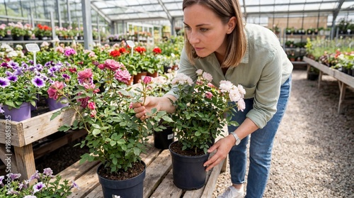 Woman comparing two rose bushes while shopping in a greenhouse  