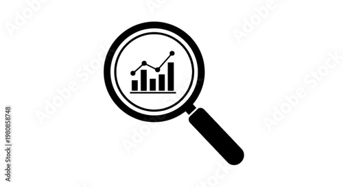 Magnifying glass focusing on a chart with upward trend line isolated on transparent background, Vector
