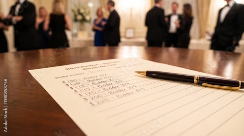 Silent auction sheet with bids at annual charity auction event  