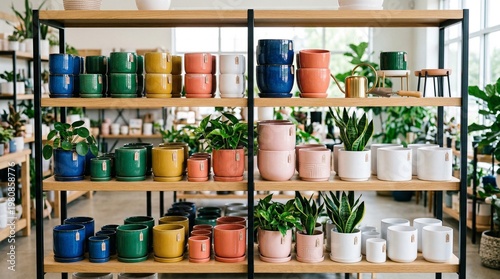 Display of colorful ceramic planters in modern shop interior  