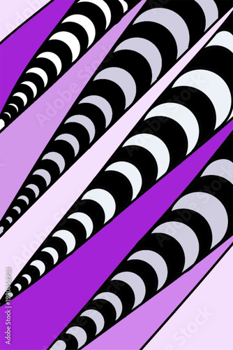 
Modern Geometric Zentangle Pattern with Black and White Curved Stripes and Purple Accents.