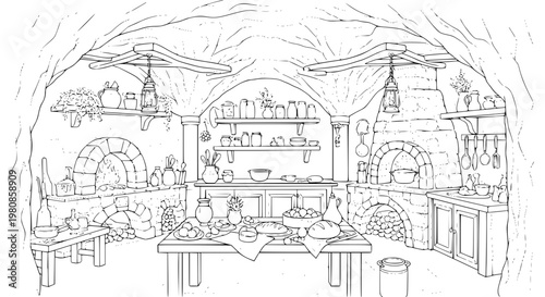 Fairy tale underground medieval cave kitchen vector line art coloring page with fantasy interior design