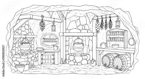 Underground medieval cave kitchen coloring page vector illustration with fantasy cooking interior line art